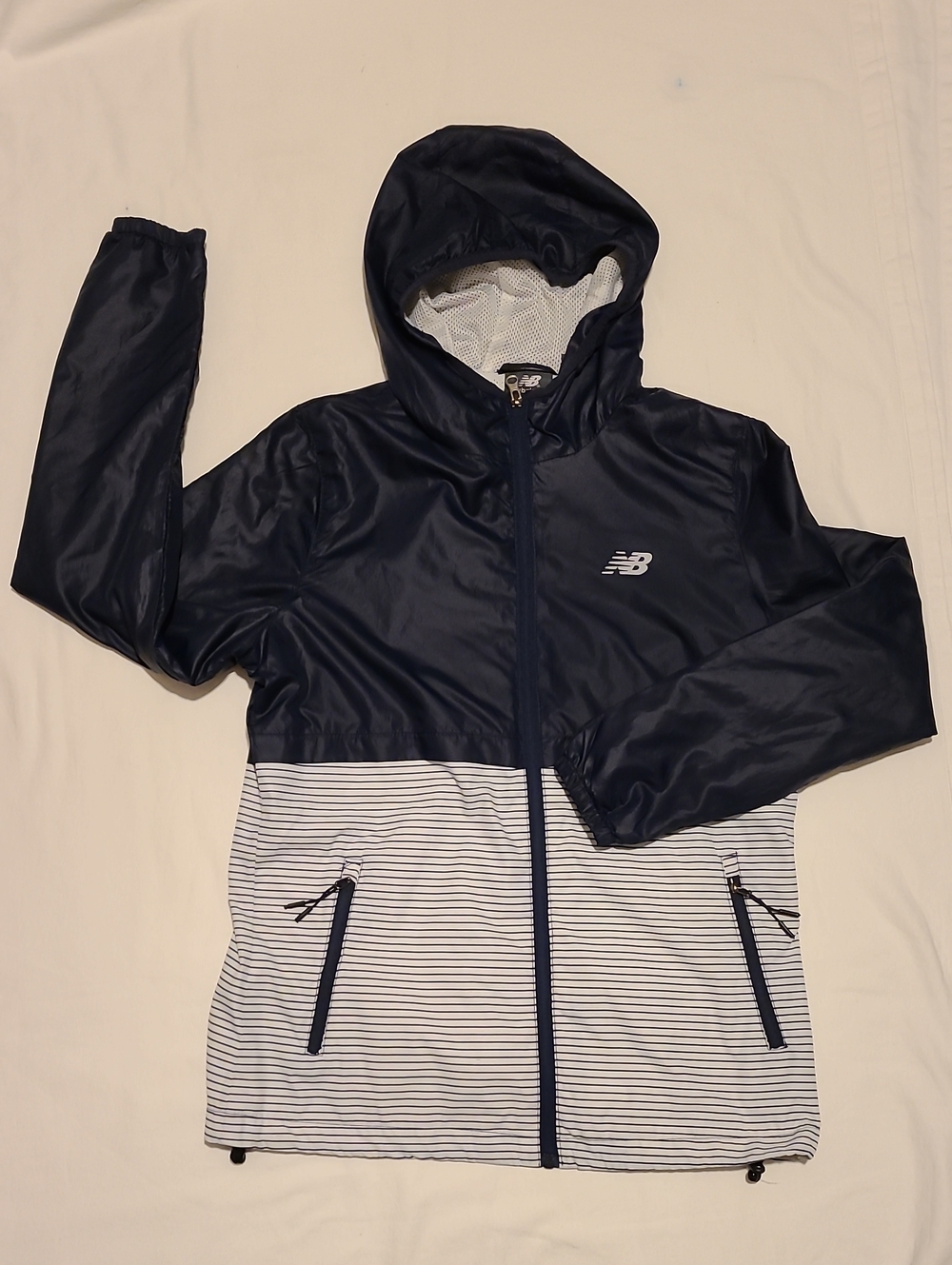 New Balance Lightweight Jacket, Blue With White Stripes Hood Windbreaker Medium